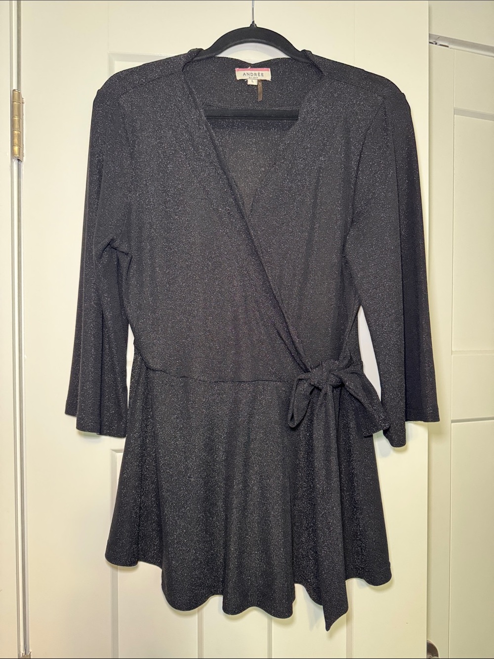 Andree Black Shimmer Wrap Dress with Tie Waist